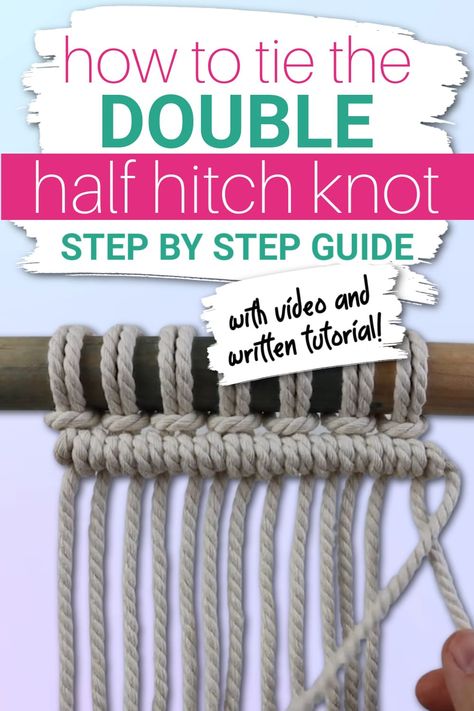 The double half hitch knot (or clove hitch) is hard to learn at first for lots of macrame beginners. In this tutorial I’ll walk you through this important basic knot and show you exactlu how its done! Basic macrame knots | macrame tutorial | macrame wall hanging | macrame plant hanger| macrame for beginners | easy macrame tutorials Macrame Clove Hitch Knot, Double Hitch Knot Macrame, Knots For Hanging Things, Macrame Stitches Tutorial, Macrame Tutorial Beginner Step By Step How To Make, Macrame Knots Step By Step Patterns, Easy Macrame Knots Step By Step, Basic Macrame Knots Step By Step, Half Hitch Knot Macrame