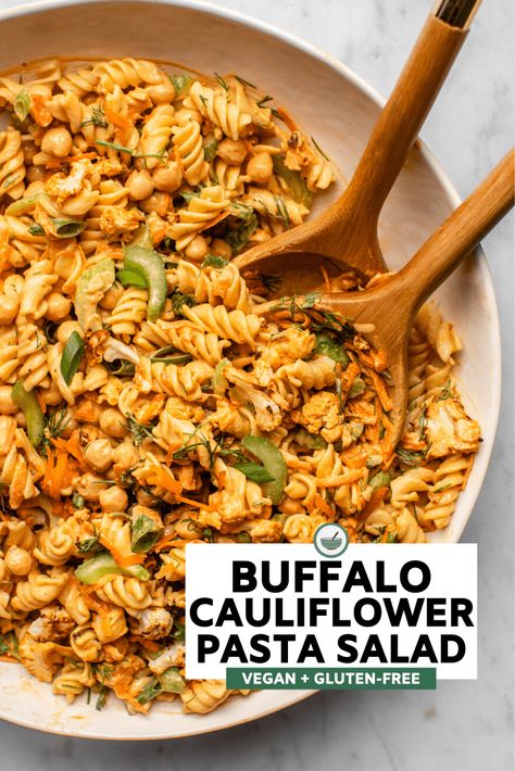 Buffalo Pasta Salad, Cauliflower Pasta Salad, Buffalo Pasta, Vegan Buffalo Cauliflower, Crunchy Veggies, Cauliflower Pasta, Vegan Pasta Recipes, Buffalo Cauliflower, Vegan Side Dishes