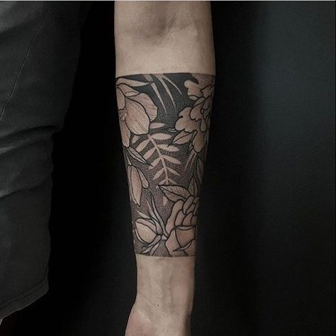 We All Carry The Tune We Love - blacktattooing: By @bendoukakistattoo To... La Santa Muerte Tattoo, Botanical Tattoo Sleeve, Tattoos Arm Mann, Unique Tattoos For Men, Cuff Tattoo, Forearm Band Tattoos, Floral Cuff, Arm Band Tattoo, Cool Tattoos For Guys