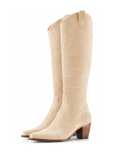 PRICES MAY VARY. Riding boots material: Faux suede leather upper / faux leather upper and rubber sole. Western cowgirl boots features: faux suede and faux leather upper, square toe, stacked chunky heel, back full zip, solid color, 2.8" heel, fall winter knee high boots. Match: These comfortable knee high boots are suit for this spring, fall and winter, stylish casual style, they can go with everything, look great with oversized blazer, jeans, slacks, skirts and dresses. Occasions: These short co Cream Knee High Boots, Fall Boots Tall, Casual Dress With Boots, Knee High Boots Chunky, Winter Knee High Boots, Short Cowboy Boots, Knee High Boots Winter, Boots Chunky, Tall Riding Boots