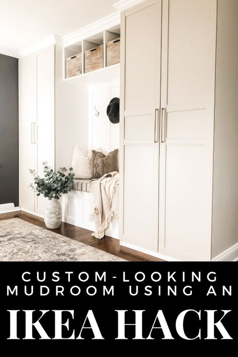 Copy this brilliant Ikea hack to make a custom-looking mudroom! #ikeahack #diymudroom Mudroom Built Ins, Ikea Mud Room, Ikea Closet Hack, Wall Mudroom, Window Mudroom, Mudroom Makeover, Mudroom Bench Seat, Mud Room Entry, Diy Mudroom