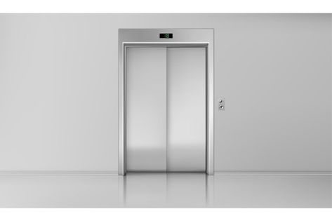 Elevator doors, close lift cabin entrance with chrome metal buttons panel, empty building white hallway interior, office vestibule, hotel or dwelling lobby Realistic 3d vector Illustration Cabin Entrance, Lift Door, Hallway Interior, 3d Vector Illustration, Hallway Door, Door Texture, White Hallway, House Lift, Wall Partition