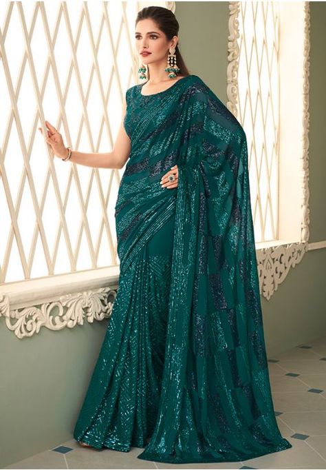 Peacock Green Sequined Georgette Designer Saree Teal Green Blouse, Bollywood Sarees Online, Teal Green Dress, Reception Saree, Saree With Belt, Sequence Saree, Designer Sarees Online, Green Saree, Trendy Sarees