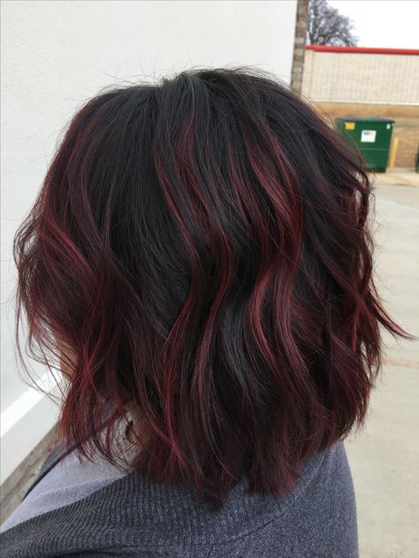 Maroon Hair Highlights For Black Hair, Red Highlights Pixie Haircut, Short Dark Brown Hair With Red Lowlights, Deep Wine Hair Color Balayage, Fall 2024 Brown Hair, Short Brown Hair With Red Tips, Brown Hair With Red Lowlights Burgundy, Short Hair With Peekaboo Color, Maroon Hair Highlights