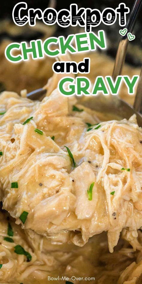 A close up to shredded chicken and creamy sauce with Pinterest overlay. Crockpot Chicken And Gravy, Summer Crockpot, Chicken Gravy Recipe, Chicken And Gravy, Chicken Breast Crockpot Recipes, Slow Cooker Meal, Serve Over Rice, Crockpot Chicken Breast, Chicken Crockpot Recipes Easy