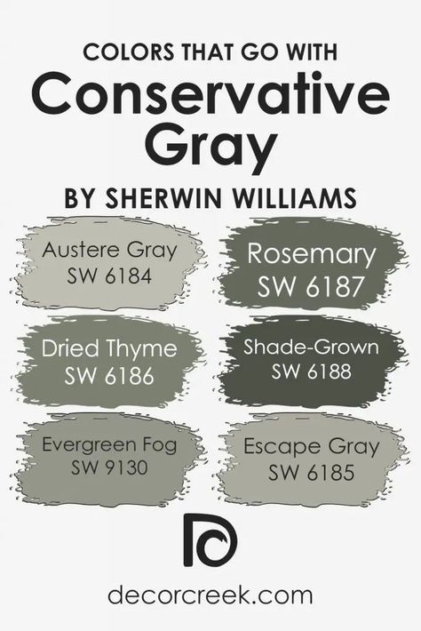 Colors that Go With Conservative Gray SW 6183 by Sherwin Williams Sherwin Williams Thyme Green, Austere Gray Sherwin Williams Exterior, Escape Gray Sherwin Williams, Dried Thyme Sherwin Williams, Sherwin Williams Dried Thyme, Austere Gray, Escape Gray, Sherwin Williams Evergreen Fog, Anew Gray Sherwin Williams