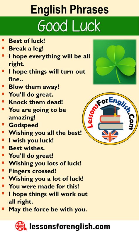 Different ways to say good luck, English Phrases – Good Luck Best of luck! Break a leg! I hope everything will be all right. I hope things will turn out fine.. Blow them away! You’ll do great. Knock them dead! You are going to be amazing! Godspeed Wishing you all the best! I wish you luck! Best wishes. You’ll do great! Wishing you lots of luck! Fingers crossed! Wishing you a lot of luck! You were made for this! I hope things will work out all right. May the force be with you. How To Say Amazing In Different Ways, Ways To Say All The Best, Hope Everything Will Be Fine, Ways To Say Good Luck, अंग्रेजी व्याकरण, Break A Leg, Tatabahasa Inggeris, Sms Language, English Learning Spoken