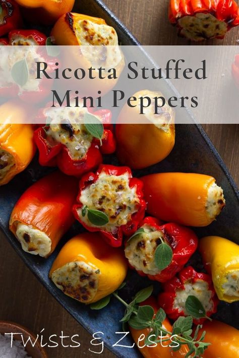 Ricotta Stuffed Mini Peppers, Late Summer Appetizers, Crabby Snacks, Mini Peppers Stuffed, One Bite Appetizers, Moms 60th, Mini Peppers, Mini Sweet Peppers, Bite Size Appetizers