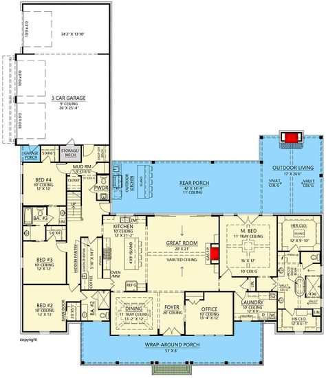 Symmetrical 4-Bed Modern Farmhouse Plan with Home Office and Bonus Room - 3292 Sq Ft - 56549SM | Architectural Designs - House Plans 4 Bed Modern Farmhouse Plans, 5 Bedroom With Office House Plans, 4 Bedroom House Plans 1 Story, Farmhouse Building Plans, Farmhouse Ranch Floor Plans, 4 Bedroom House Plans Open Floor Single Storey, One Story Farmhouse Plans, Two Story Barndominium Floor Plans, Timeless Home Design