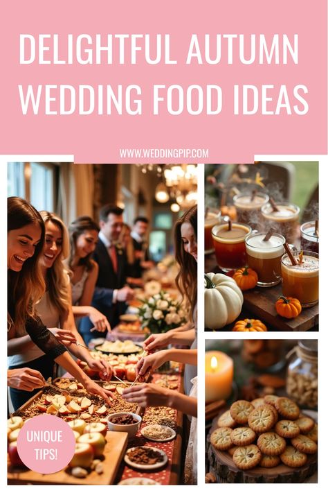 Delicious autumn-themed wedding food spread with guests enjoying seasonal dishes and drinks. Fall Appetizers For Wedding, Fall Wedding Menu Ideas Food, October Wedding Food Ideas, Fall Wedding Dinner Ideas, Fall Wedding Meal Ideas, Fall Wedding Reception Food Ideas, Fall Wedding Appetizer Ideas, Fall Wedding Menu Ideas, Fall Wedding Food Ideas