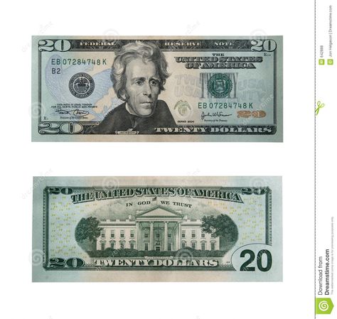 Both sides of the twenty dollar bill isolated on white with clipping path - large file Fake Money Printable, Printable Play Money, Twenty Dollar Bill, Printable Checks, Banknotes Money, Money Stickers, Money Template, Money Printables, Dollar Banknote