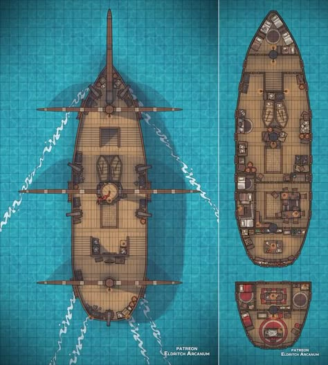 Sailing Ship ✦ Master Post | Patreon Dnd Boat Battle Map, Dnd Boat Map, Dnd Ship Battle Map, Steampunk Ship, Dnd Table, Pirates Illustration, Pirate Boats, Vikings Game, Ship Map