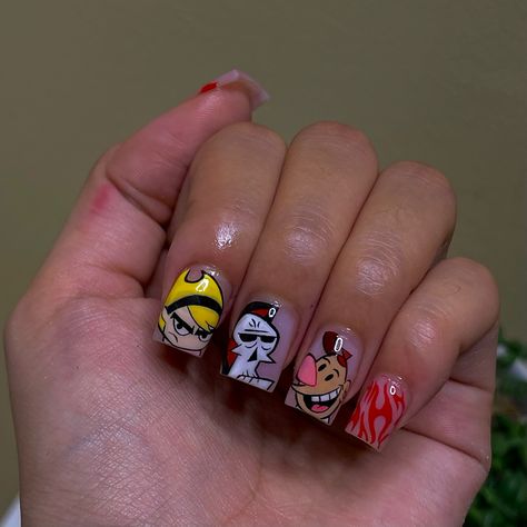 The Grim Adventures of Billy and Mandy Nail Art 😩❤️‍🔥 90s Cartoon Nail Art, Beavis And Butthead Nails, Grim Adventures Of Billy And Mandy Nails, Nail Art Designs Cartoon Characters, Billy And Mandy Nails, Cartoon Characters Nails, Short Character Nails, Nail Art Character Design, Nail Character Designs