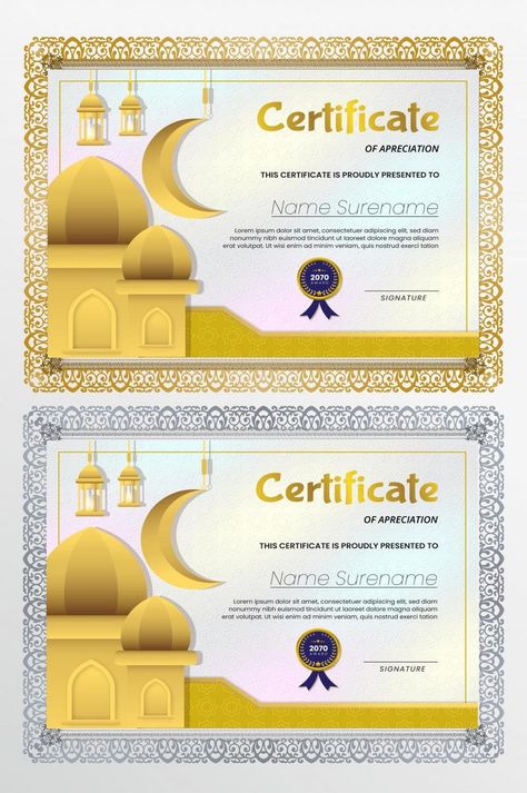 Certificate with Mosque and white Gold Color Islamic Pattern for Ramadan Concept Template#pikbest# Eid Al Adha Design, Eid Al-adha Design, Mosque Silhouette, Ramadhan Mubarak, Adha Mubarak, Gold Poster, Eid Al Adha Mubarak, Presentation Video, For Ramadan