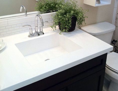 white cultured marble vanity top molded square sink Bathroom Sink Backsplash Ideas, Sink Backsplash Ideas, Bathroom Sink Backsplash, Backsplash Ideas Bathroom, Quartz Vs Granite Countertops, Bathroom Sink Bowl, Bathroom Sink Remodel, Corian Bathroom, Marble Countertops Bathroom