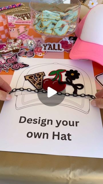 Amanda Albrecht your Real Estate Bestiee on Instagram: "DIY hat Bar party! This is a fun activity for girls night or a Birthday party and easy to set up!

On a table set out an assortment of hats, they come in many fun colors. On another table set out an assortment of iron on patches. The options are endless and the more you have the more unique the hats will be. 

I also included hat jewelry these come in many styles, shapes and colors and really make the hats special. It’s easier to design on a flat surface so I included print outs of hats for guests to design on! 

Once everyone has their hat designed how they want them, you use a mini heat press or hat press to iron on the patches. 

It’s fun to see everyone’s personality shine through their hat and it doubles as a take home party favo Build Your Own Goodie Bag Bar, Arts And Crafts Themed Birthday Party, Hat Press Ideas, Diy Hat Bar Party, Hat Party Ideas Ladies, Patch Party Birthday, Hat Bar Party, Birthday Party Crafts For Kids, Hat Party Ideas