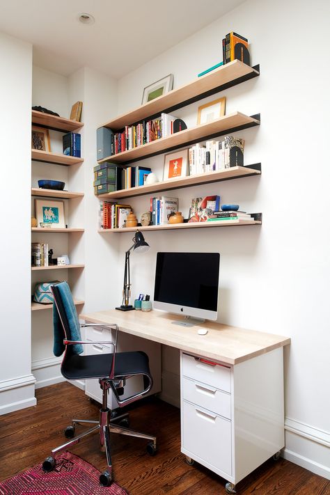 Floating shelves above desk in office by Michelle Gage Shelves Above Desk, Above Desk, Home Office Shelves, Farmhouse Wall Sconces, Wallpaper Shelves, Bookshelf Desk, Modern Wall Sconces, Upper East Side, Black Wall