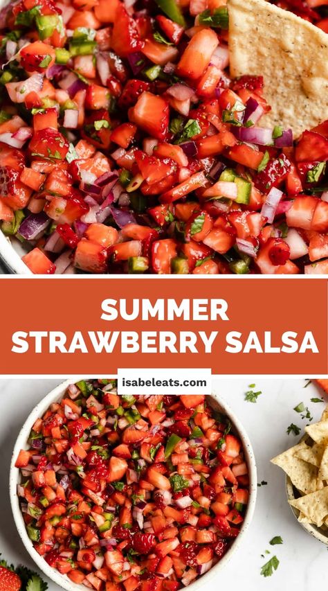 This 5-ingredient Strawberry Salsa is juicy, sweet, and perfect for summer! Filled with ripe strawberries, jalapeno, and red onion, enjoy this fresh salsa with chips, on tacos, and grilled meats for a sweet touch on all of your Mexican favorites. Fruit Salsa For Tacos, Strawberry Salsa Pioneer Woman, Strawberry Jalapeno Salsa, Different Salsas, Sweet Salsa Recipe, Strawberry Relish, Strawberry Salsa Recipe, Sweet Salsa, Grilled Corn Salsa