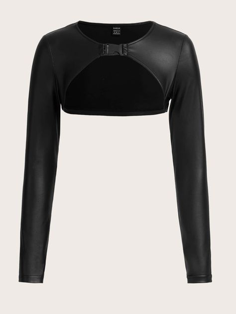 Black Sexy Collar Long Sleeve PU Leather Plain  Embellished Slight Stretch  Women Tops, Blouses & Tee Leather Top Outfit, Super Cropped Top, Super Crop Top, Leather Tops, Leather Bra, Black Leather Top, Leather Crop Top, Without Bra, Preformance Outfits