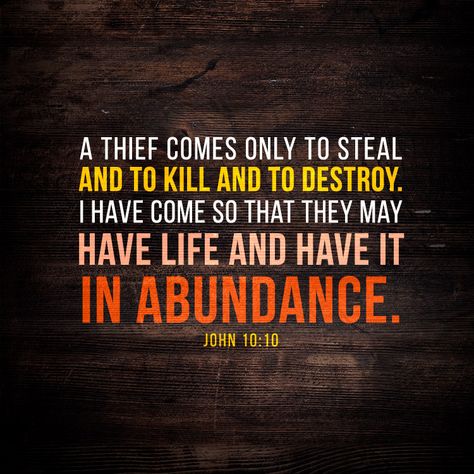 A thief comes only to steal and to kill and to destroy. I have come so that they may have life and have it in abundance. – John 10:10 John 10 10, Bible Study Help, Devotional Quotes, 10th Quotes, Biblical Quotes, Scripture Quotes, Daily Devotional, Bible Inspiration, Bible Verses Quotes