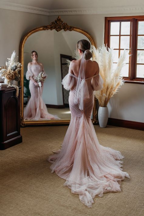 This romantic elopement gives a whole new meaning to pretty in pink, with a stunning wedding dress and rad bridal jumpsuit! Blush Mermaid Wedding Dress With Sleeves, Dusty Pink Wedding Gown, Black And Blush Wedding Dresses, Luxury Mauve Wedding Dress, Boho Meaning, Tulle Wedding Dress Mermaid, Off The Shoulder Wedding Dresses, Wedding Dresses Off The Shoulder, Pink Wedding Gowns