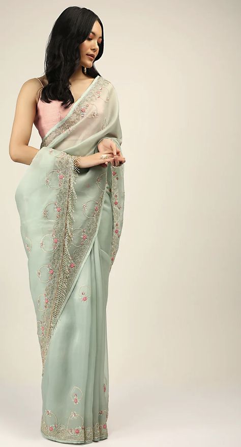 Light Saree Party Wear, Sky Blue And Orange Outfit, Girlish Saree For Wedding Function, Smart Saree Look, Saree For Sangeet Function, Pastel Saree Look, Pestal Colour Sarees, Ready To Wear Saree Latest Design, Light Green Saree Look