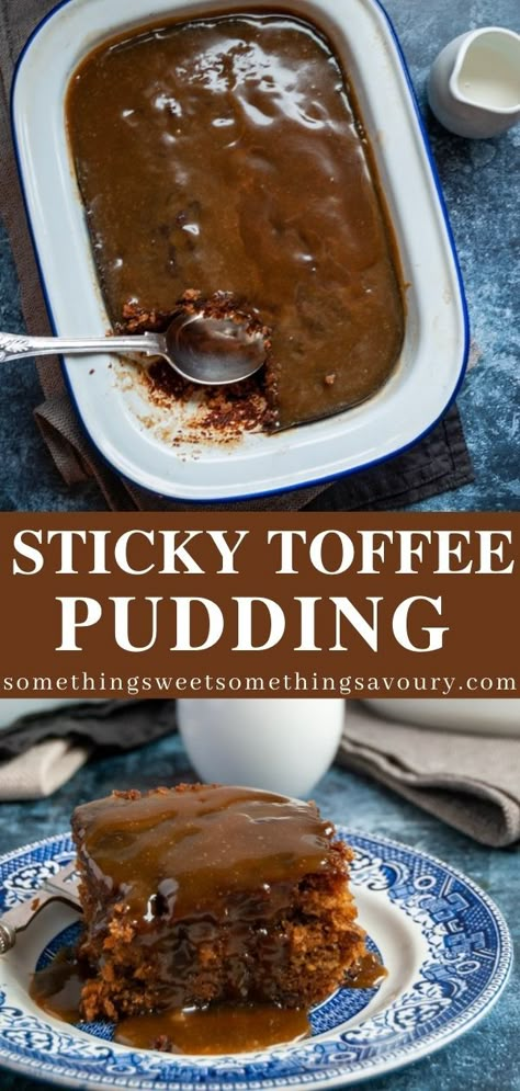 Sticky toffee pudding is a classic British dessert that is quite simply heaven on a plate - a sticky, date studded sponge cake drenched in rich toffee sauce. Serve with ice cream, double cream or clotted cream for an indulgent treat! #stickytoffeepuddingrecipe #stickytoffeepuddingrecipeuk Sticky Toffee Pudding Sauce, Toffee Date Pudding, Sticky Toffee Pudding Without Dates, British Sticky Toffee Pudding, Sticky Toffee Sauce, Sticky Toffy Pudding, Sticky Toffee Pudding Cake Recipes, Hot Pudding Recipes Desserts, Sticky Pudding Cake