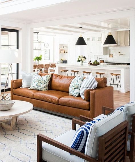 bright and airy family room with cognac leather couch Lots Of Windows, Leather Couch, Hus Inspiration, Room Remodeling, Couches Living Room, Lounge Room, Farmhouse Living, A Living Room, Living Room Inspiration