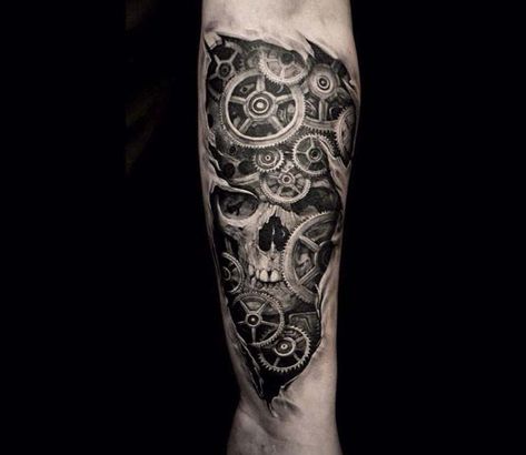 Skull and gears tattoo by Eliot Kohek Tatoo Trash, Cultura Tattoo, Gears Tattoo, Eliot Kohek, Piston Tattoo, Hand Tatto, Gear Tattoo, Tattoo Sleeve Filler, Outer Forearm Tattoo