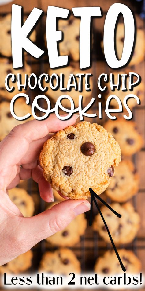 Keto Chocolate Chip Cookies - These low carb keto chocolate chip cookies are sugar-free and gluten-free and a breeze to make! They are sure to satisfy cookie cravings when they pop up without adding any guilt because they have less than 2 net carbs per cookie! #keto #lowcarb #glutenfree #sugarfree #chocolate #chocolatechip #cookie #recipe Best Keto Chocolate Chip Cookies, Keto Chocolate Chip Cookies Recipe, Coconut Flour Chocolate Chip Cookies, Keto Chocolate Chip Cookie Recipe, Low Carb Chocolate Chip Cookies, Low Carb Cookies Recipes, Keto Cookie Recipes, Keto Chocolate Chip Cookies, Chocolate Chip Cookies Recipe