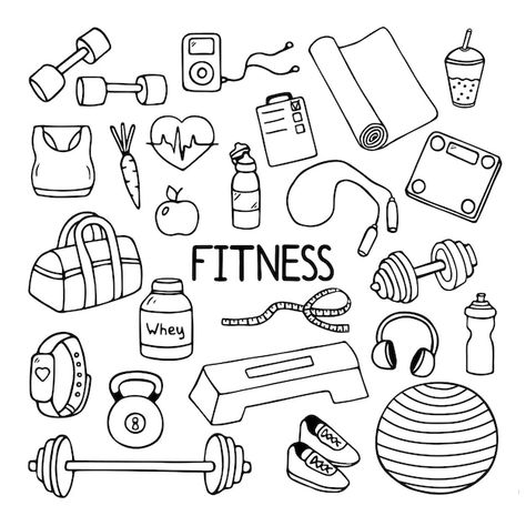 Health Doodle Art, Fitness Symbols Icons, Health And Fitness Images, Workout Aesthetic Drawing, Gym Equipment Illustration, Cartoon Dumbell, Gym Doodle Art, Dumbell Doodle, Gym Vector Art