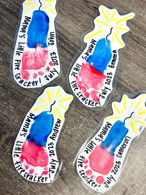 Fire Cracker Feet | Toddler Art Painting Fourth Of July Art Work For Toddlers, Fire Cracker Footprint Art, Fourth Of July Crafts For Kids Footprint, Fourth Of July Art Projects For Toddlers, Fourth Of July Footprint Art For Babies, 4th Of July Painting Ideas For Kids, Toddler Arts And Crafts 4th Of July, Firecracker Crafts For Toddlers, Little Firecracker Footprint