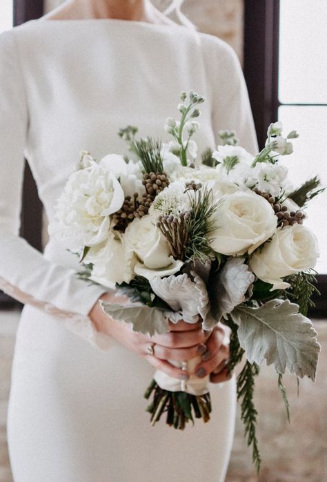 Bride Bouquets Winter Wedding, Winter White Rose Bouquet, Rustic Wedding Bouquet Winter, White And Green Winter Wedding Bouquet, White Christmas Bouquet, Winter Bridesmaids Bouquets, Winter Floral Arrangements Wedding, Winter White Wedding Bouquet, Winter Wedding White Flowers