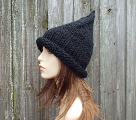 Hat Halloween Costume, Black Witch Hat, Halloween Hat, Wizard Hat, Crochet Santa, Gnome Hat, Chunky Knit Hat, Mens Hat, Pixie Hat