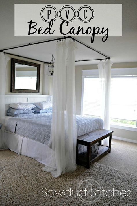 PVC Bed Canopy - There is something about the look of white billowy curtains that I have always loved! It  seems so serene, and spa-like.  Well, I decided to cr Simple Bed Designs, Shabby Chic Decorating, Canopy Bed Diy, Shabby Chic Decor Diy, White Molding, Diy Canopy, Diy Casa, Bed Diy, Simple Bed