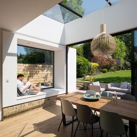 @campbellcadey posted to Instagram: as the extension is effectively a sunroom. The window seat, sliding doors and glass roof provide a complete connection with the outdoor space.   #stayhome #diningarea  #housetour  #se22 #se23 #londonhouse #insideoutside #architecturelovers #interiorsinspo #interiorstyle #housesofinstagram #interiordesignideas #windowseat #interiordesire #interior2you #architecturelovers #kitchen #interiors #livingroom #homestyle #homeinterior #interiordetails Casa Open Space, Brick Extension, Bungalow Extensions, Kitchen Diner Extension, Garden Room Extensions, House Extension Plans, Open Plan Kitchen Dining Living, Open Plan Kitchen Diner, Room Extensions