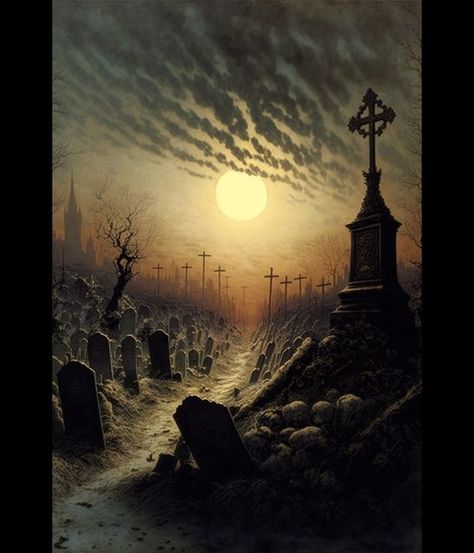 Cemetery Concept Art, Fantasy Cemetery, Fantasy Graveyard, Cemetery Illustration, Cemetery Painting, Graveyard Painting, Graveyard Landscape, Dark Cemetery, Graveyard Photography