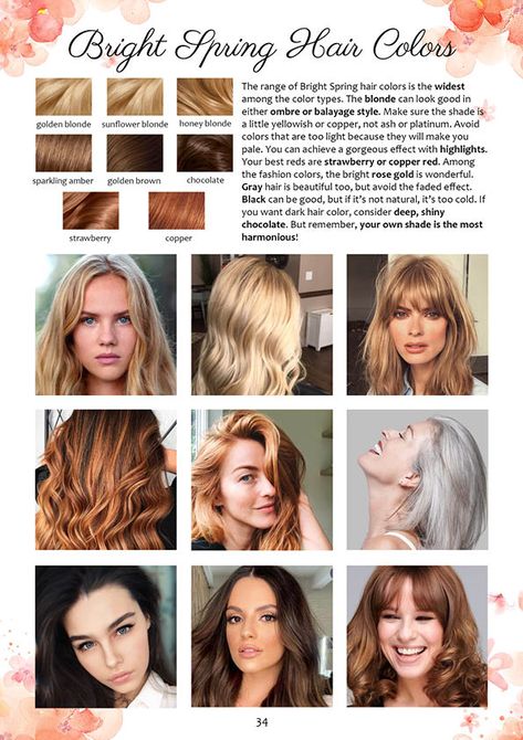 Bright Spring Color Palette and Wardrobe Guide | Dream Wardrobe House Of Colour Spring Hair, Spring Color Palette Hair Colors, Color Analysis Bright Spring, Spring Season Hair Color, Bright Spring Eye Color, Bright Spring Brown Hair, Best Hair Color For Bright Spring, Hair Colors For Bright Spring, Spring Colored Hair