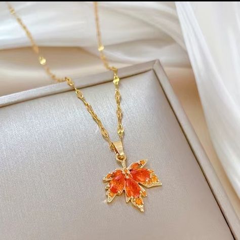 Rhinestones And Gold Toned Metal Looks Like A Glorious Orange Maple Leaf Perfect For Autumn, Fall And Your Thanksgiving Get Togethers! Bundle And Save! All Of The $12 And $14 Items In My Closet Are 2 For $20 (Marked 2/$20). This Listing Is Included In The Sale - I Just Don’t Mark Sales In The Titles Of My Boutique Items. Fall Acssesories, Gold Jewelry Outfits Fall, Autumn Necklace Fall Jewelry, Maple Leaf Jewelry, Maple Leaf Aesthetic, Dnd Jewelry, Fall Necklaces, Leaf Necklaces, Christmas Necklaces