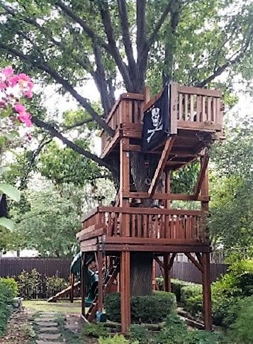 Testimonials - Customer Reviews | Backyard Fun Factory Deck Around Trees, Tree House Playground, Backyard Treehouse, Backyard Fort, Tree Deck, Kids Forts, Play Area Backyard, Tree House Plans, Backyard Trees