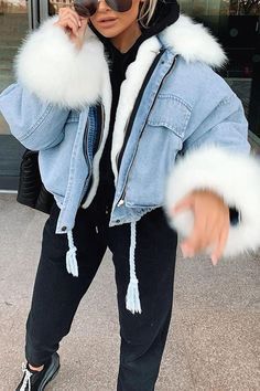 be53ee61104935234b174e62a07e53cfdesc42527987ri 90's Fashion, White Fur, Cotton Coat, Warm Jacket, Denim Jacket Women, Faux Fur Collar, Mode Streetwear, Denim Coat, Faux Fur Jacket