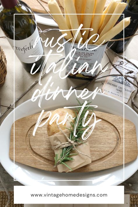 I just love creating tablescapes and I can't wait to show you a rustic italian dinner party table I put together. I started with a couple of inspiration pieces which was a small olive tree and some wine bottles. I think those things definitely say "Italian", don't you? I added some mini baquettes wrapped in parchment paper, tied with twine and a rosemary sprig tucked in at each plate. Wine bottles, wine corks and wine labels were also used to create this Italian tablescape. Rustic Italian Table Decor, Rustic Italian Tablescape, Wine Tasting Party Table Decor, Rustic Italian Party, Rustic Italian Table Setting, Italian Dinner Party Table Settings, Rustic Italian Dinner Party Decor, Italian Tablescape Ideas, Italian Dinner Tablescape