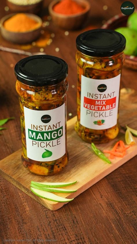 Instant Mango Pickle & Instant Mix Vegetable Pickle will enhance the taste of any meal. These Homemade Achaar are instant pleasure and are super easy to make. Try out these Instant Mango & Mix Vegetable Pickle and do share your feedback with us. #MangoPickle #VegetablePickle #Achar #pinterestrecipes #pinterestideas #pinterestworthy #foodphotos #foodpics #foodphotography #foodimages #pinterestinspired #foodstyling #Sooperchef #foodpresentation Vegetable Pickle, Achar Recipe, Mix Vegetable, Homemade Pictures, Mixed Pickle, Mango Pickle, Homemade Pickles, Food Packaging Design, Pickling Recipes