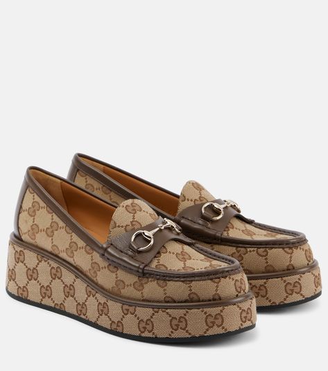 Horsebit canvas wedge loafers in beige - Gucci | Mytheresa Beige Loafers, Gucci Platform, Gucci Loafers, Wedge Loafers, Gucci Horsebit, Designer Pumps, Platform Loafers, Evening Shoes, Gucci Shoes