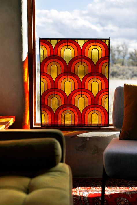 Leadlight Windows Modern, Stained Glass Decor Ideas, Classic Stained Glass Windows, Mid Century Stained Glass Patterns, Art Deco Glass Window, Mcm Stained Glass Windows, Stained Glass Mid Century Modern, 70s Stained Glass Window, Stained Glass Interior Design