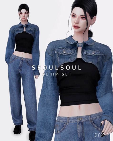 Sims4 Cc Patreon, Cc Patreon, Sims 4 Cc Eyes, Sims 4 Anime, Cc Mods, Denim Set, Pelo Sims, Outfit Korean, Sims 4 Dresses