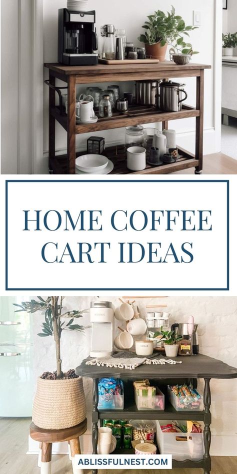 Don't let limited space cramp your coffee style! Home coffee cart ideas are perfect for maximizing your kitchen or living room. A rolling cart can be easily moved and stored away when not in use, making it a versatile and practical addition to your home. Plus, it's a stylish way to showcase your favorite coffee accessories and create a charming focal point in any room. #smallspaces #coffeebar #coffeecartideas Coffee And Bar Cart Ideas, Coffee Cart Ideas Home, Thrifted Coffee Bar, Home Coffee Cart, Coffee And Bar Cart, Small Coffee Cart, Kitchen Cart Ideas, Coffee Bar Cart Ideas, Diy Coffee Cart