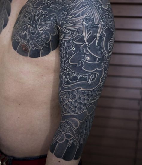 White Over Black Tattoo, Traditional Japanese Tattoo Sleeve, Tattoo Pics, All Black Tattoos, Black Tattoo Cover Up, Reaper Tattoo, Finish Work, Black White Tattoos, Dragon Sleeve Tattoos