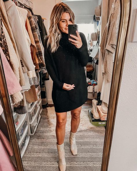 Maternity Sweater Over Dress, Sweater Dress Pregnant, Sweater Over Dress, Maternity Sweater Dress, Sweater Dress Outfit, Maternity Sweater, Black Sweater Dress, Winter Dress Outfits, Mommy Style