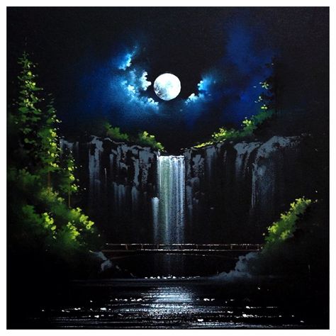 Night Waterfall Painting, Landscape Paintings Night Sky, Black Watercolour Painting, Oil Pastel Colours Painting, Oil Pastel Waterfall, Beautiful Oil Pastel Drawings, Scenery Paintings On Canvas, Oil Pastel Art Scenery, Landscape Paintings Night